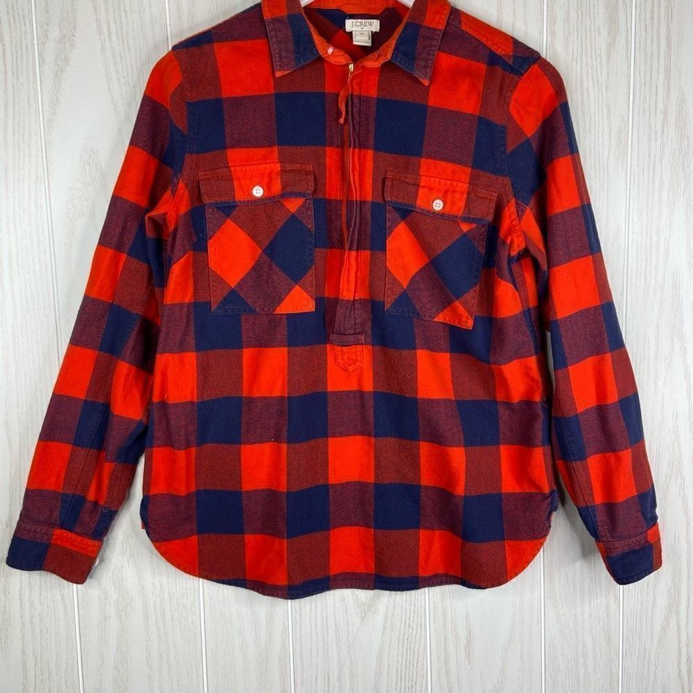 J. Crew Women's Red Long Sleeve Half Zip Buffalo Check Shirt-Jacket Size XS